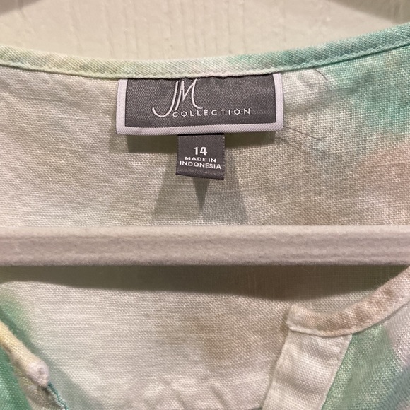 100% Linen Pastel Green & Yellow Tie Dye V Neck Button Down Top Size 14 - Picture 3 of 7